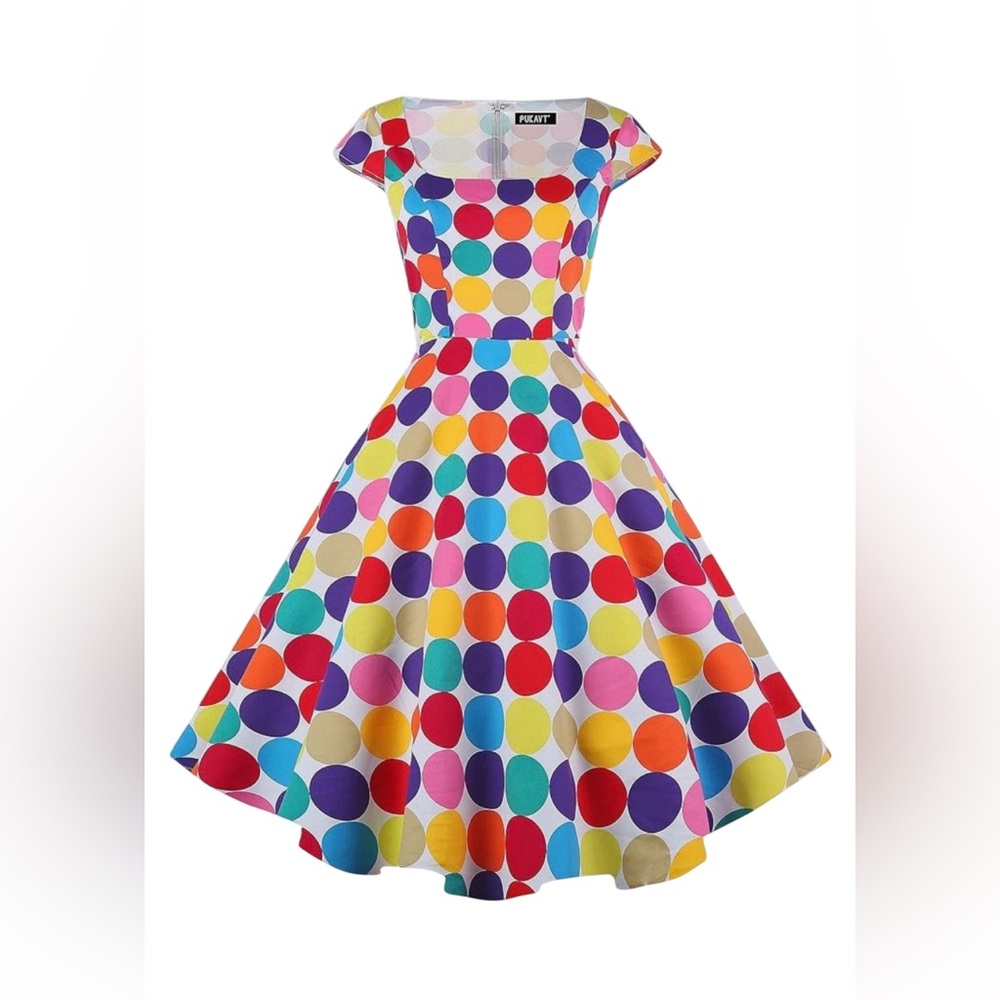 PUKAVT Polkadot Cap Sleeve 1950 Retro Swing Dress with Pockets - Size L